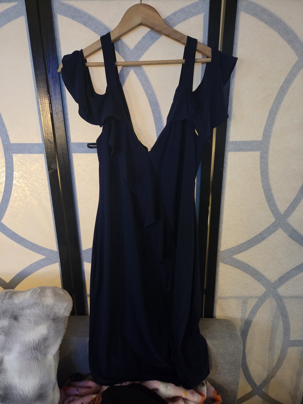 le chateau Navy Blue Ruffle Cold-Shoulder Maxi Dress